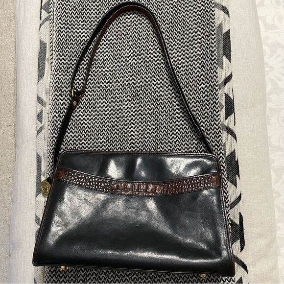 Brahmin Vintage Black Leather/Brown Croc Trim Shoulder/Crossbody Bag - Picture 1 of 11